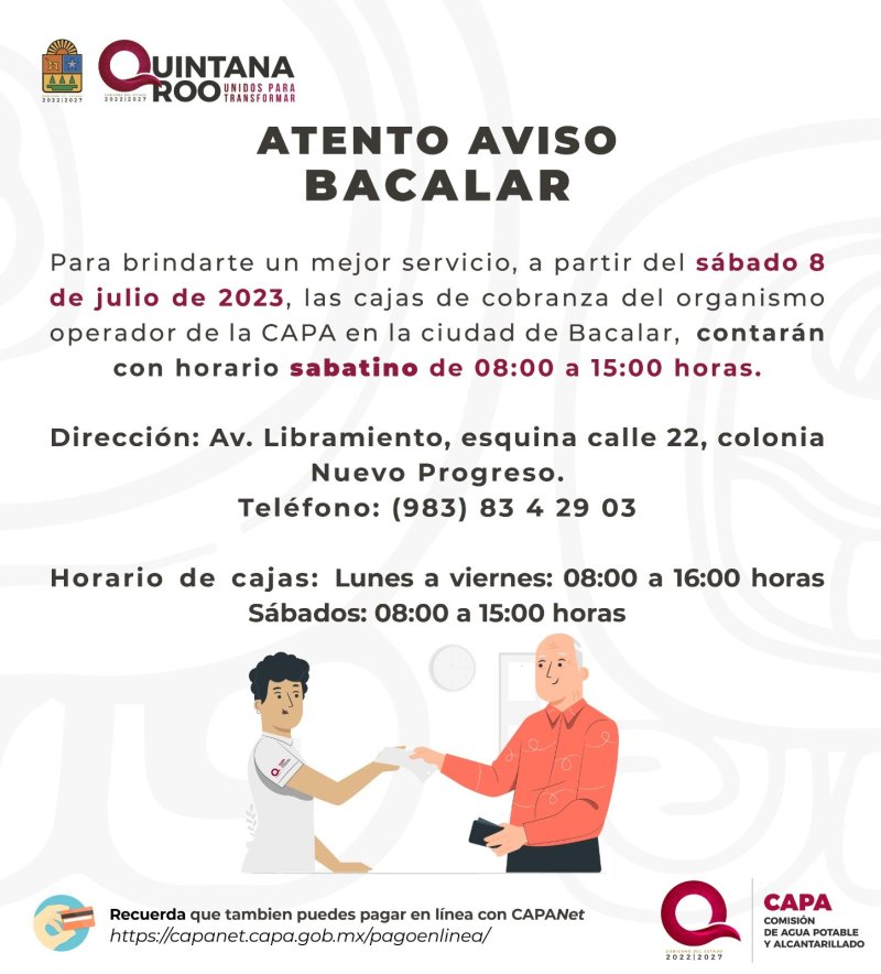 Anuncia CAPA Bacalar nuevo horario sabatino en cajas de cobranza