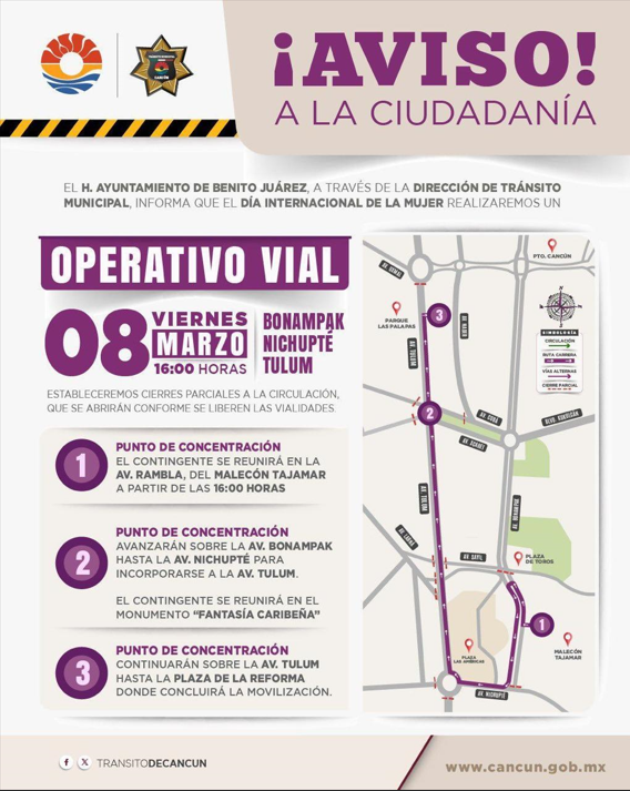 Cerrarán avenidas en Cancún por el Día Internacional de la Mujer