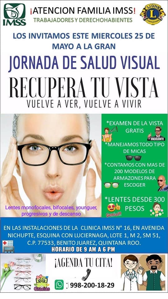 Te esperamos este miércoles 25 de mayo en la clínica del imss n°16, en av. Nichupte, esquina con luciérnaga, lote 1, M 2, SM 51. https://g.co/kgs/mHVyAv