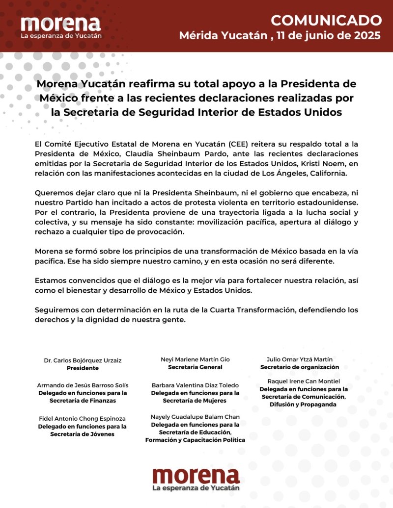 Morena Yucatán reafirma su total apoyo a la Presidenta de México frente a las recientes declaraciones realizadas por la Secretaria de Seguridad Interior de Estados Unidos