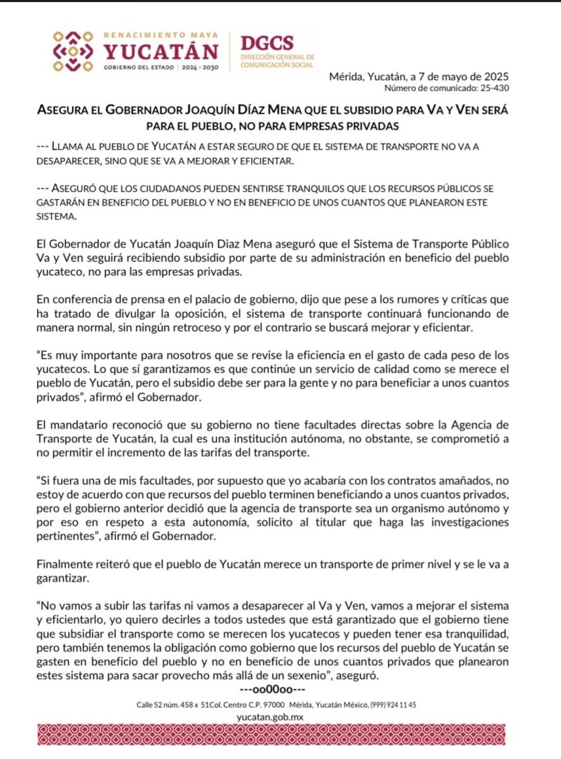 Asegura el Gobernador Joaquín Díaz Mena que el subsidio para Va y Ven será para el pueblo, no para empresas privadas