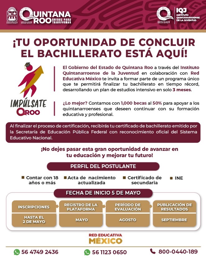 Segunda Convocatoria del Programa “Impúlsate Quintana Roo” para Concluir el Bachillerato en 3 Meses: IQJ