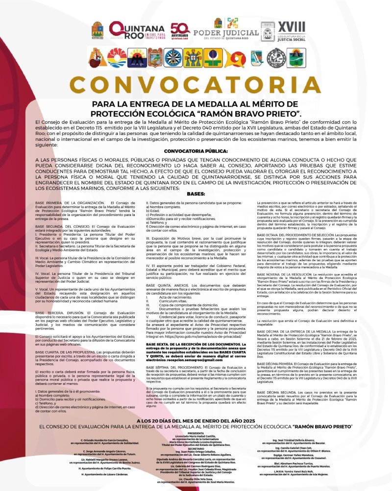 Convoca Gobierno del Estado a través de la SEMA a la entrega de la Medalla al Mérito de Protección Ecológica “Ramón Bravo Prieto”