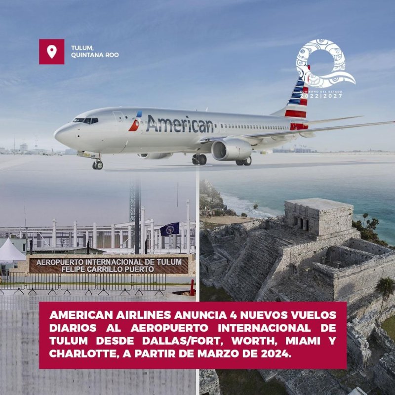 Confirma Mara Lezama que American Airlines será la mayor línea en operar vuelos en el aeropuerto de Tulum