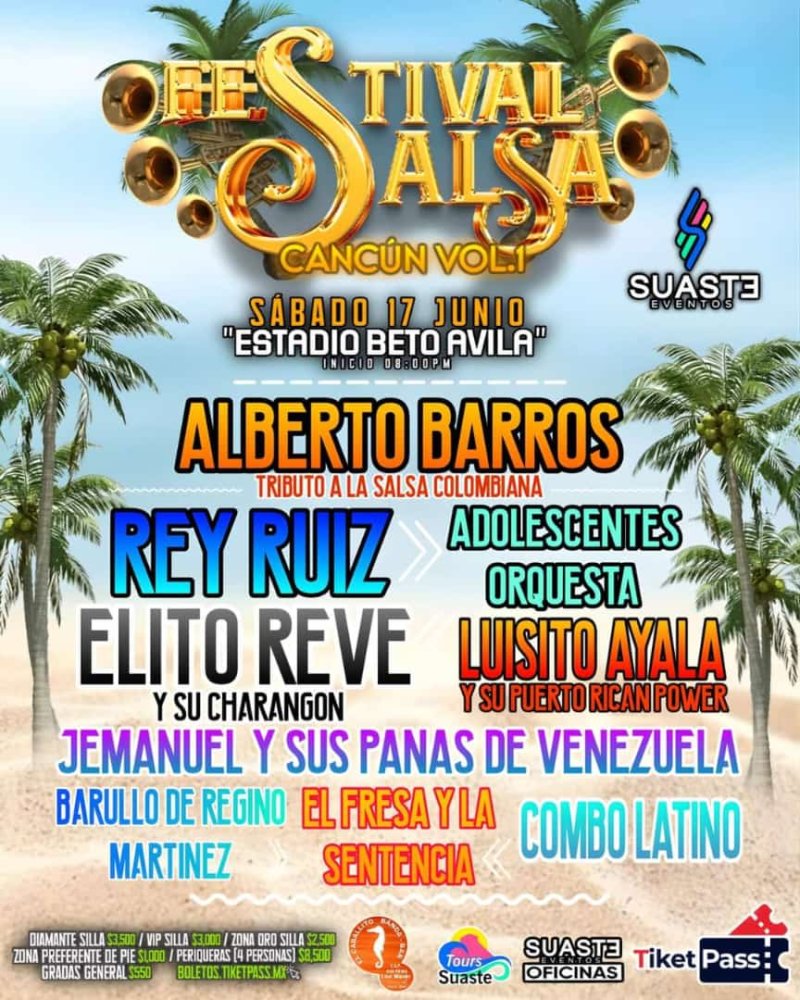 El mejor evento del año está por llegar, un gran elenco de estrellas internacionales ⭐️ pondrá a bailar 💃🏾 🕺🏽 a todos los cancunenses con los<br>✳️ GRANDES DE LA SALSA ✳️ en el<br>1er Festival de la Salsa Volumen 1.