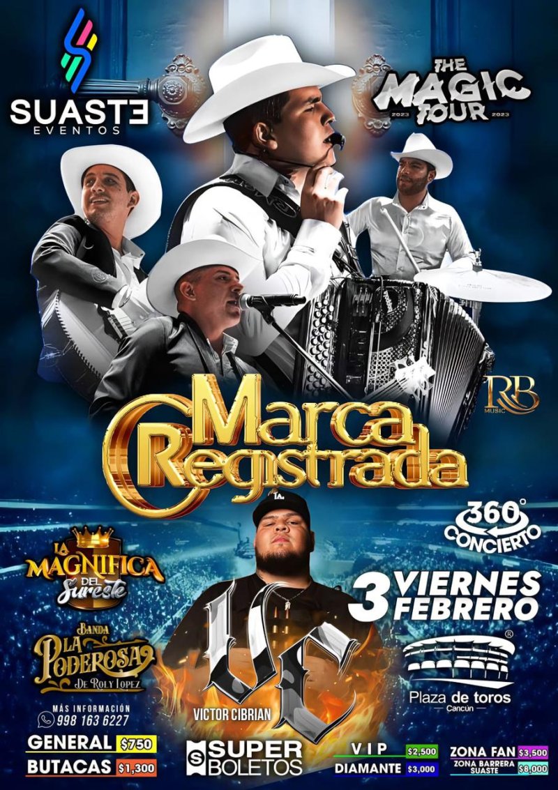 A toda la raza 🤠 que le gustan los corridos 🔊 #themagictour 🔮 llega a #Cancun 🏖️ con la agrupación No. 1 de las plataformas digitales Grupo Marca Registrada ®️