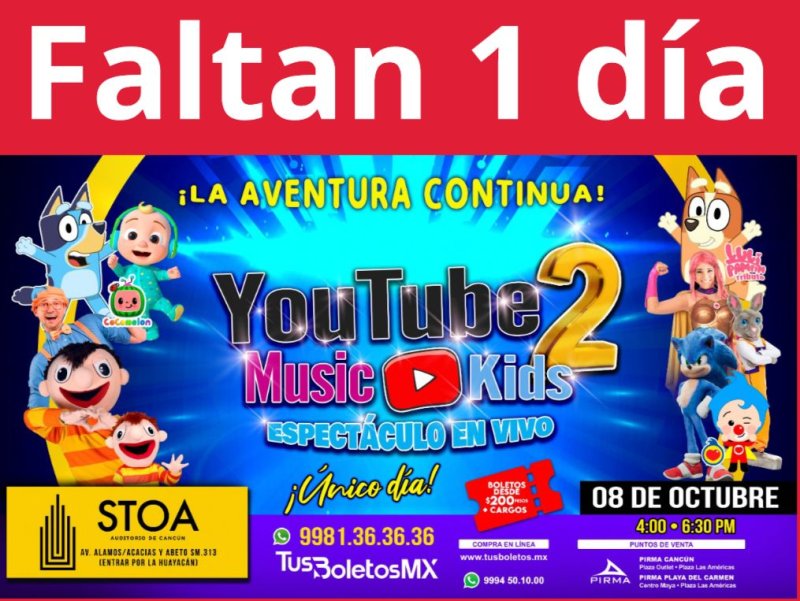 ¡Cancún, La Aventura continúa!🥳 A solo 1 día para bailar y cantar con YouTube Music Kids 2