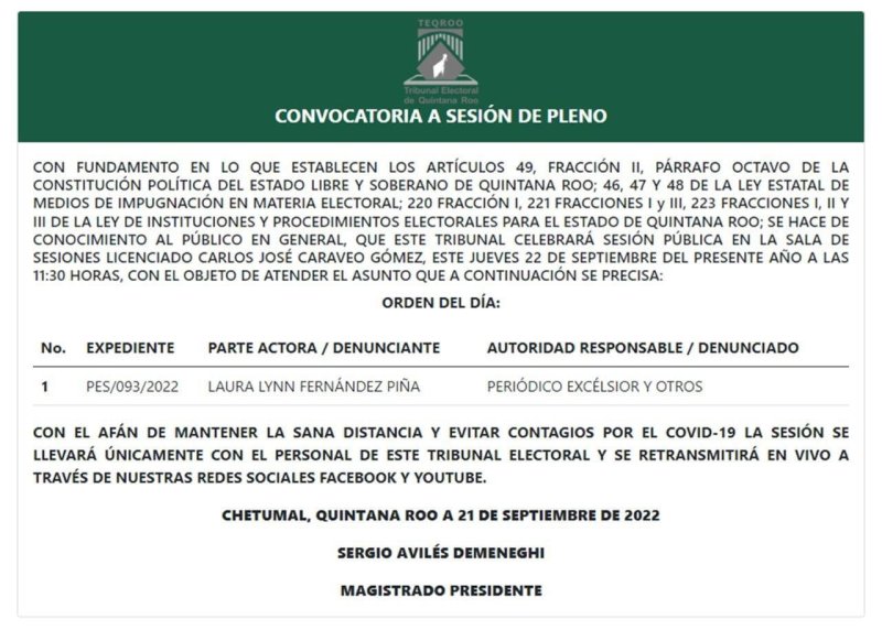 El Tribunal Electoral de Quintana Roo te invita a la Sesión de Pleno convocada para el 22 de septiembre de 2022 a las 11:30 horas, la cual podrás visualizar en #vivo a través de nuestro Face Live y Canal de YouTube.