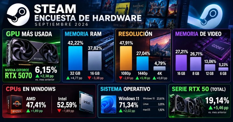 RTX 5070 domina Steam y 32 GB de RAM lideran