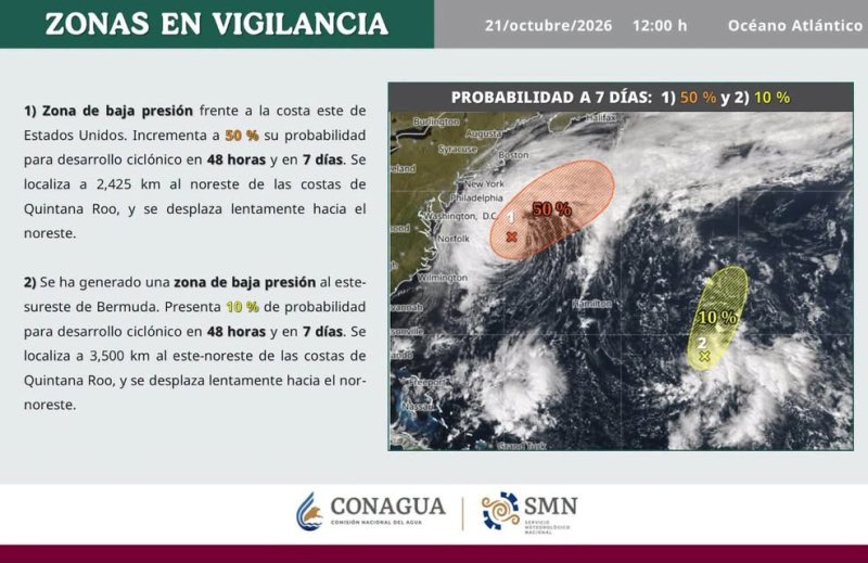 VIGILAN DOS ZONAS DE BAJA PRESIÓN EN EL ATLÁNTICO; UNA AUMENTA A 50% SU PROBABILIDAD DE DESARROLLO CICLÓNICO Quintana Ro...